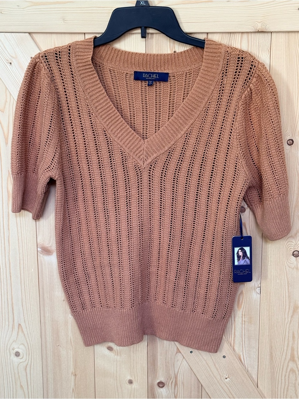 RACHEL Rachel Roy Open-Knit V-Neck Short-Sleeve Sweater - Camel-NWT